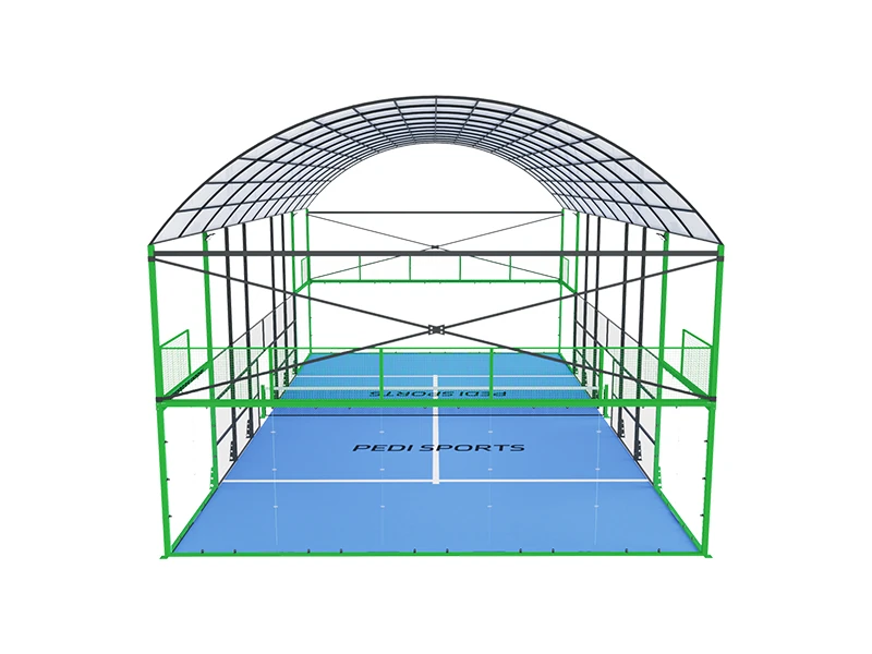 Side view of a panoramic padel tennis court with roof