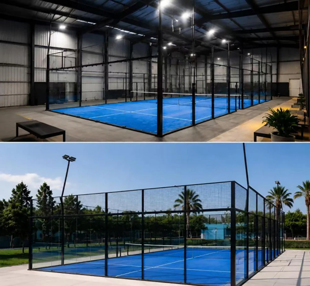 comparison of indoor padel court and outdoor padel court featuring premium glass enclosure, blue turf surface, and professional sports facility design