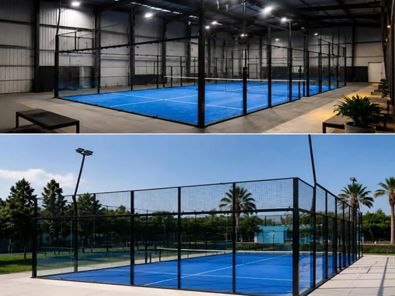 indoor padel court and outdoor padel court solutions for sports clubs featuring durable glass panels, steel structures, and premium playing surfaces