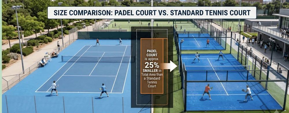 comparison of a standard tennis court and a padel court showing the smaller playing area and layout differences.