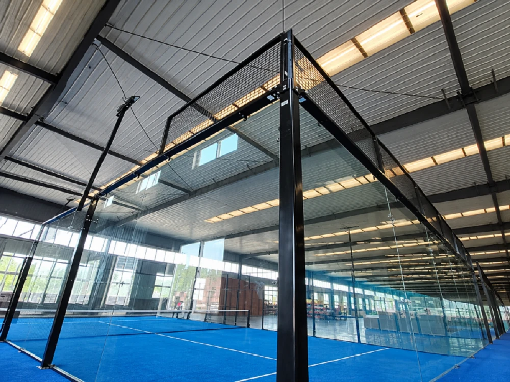 panoramic padel court, indoor paddle tennis court with tempered glass enclosure